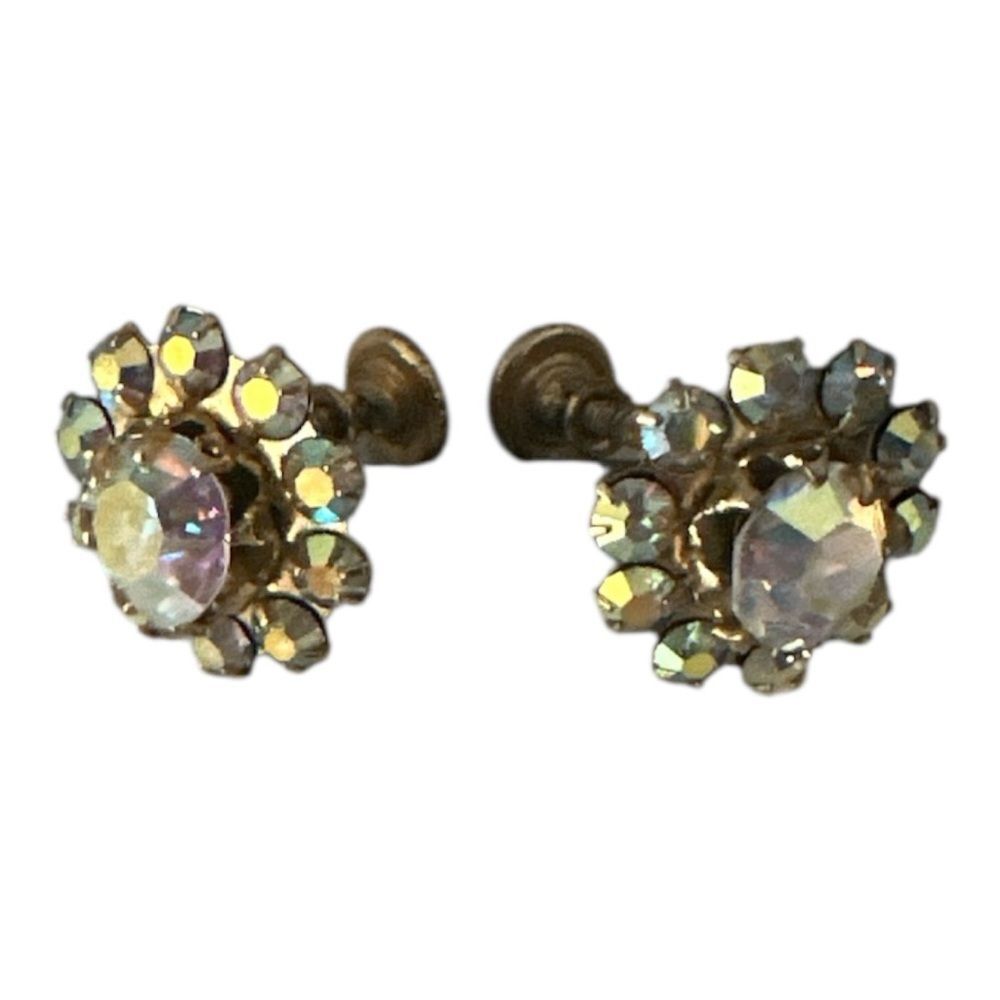 Vintage Rhinestone Floral Clip-On Earrings Gold 50s 60s Hollywood Glam Retro